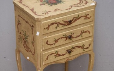A HANDPAINTED FRENCH THREE DRAWER CABINET (A/F) (73H X 41W X 32D CM) (LEONARD JOEL DELIVERY SIZE: MEDIUM)