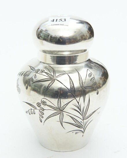 A JAMES DIXON & SONS BAMBOO DECORATED SILVER PLATED TEA CADDY, 17 CM HIGH