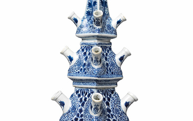 A LARGE AND RARE BLUE AND WHITE DELFT-STYLE TULIP HOLDER...