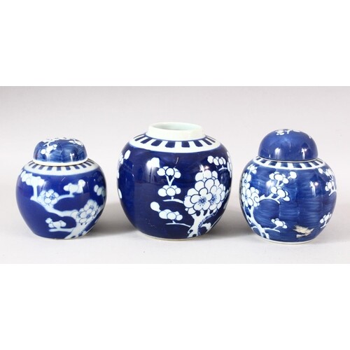 A LOT OF THREE CHINESE BLUE & WHITE PORCELAIN PRUNUS GINGER ...