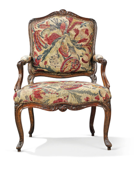 A LOUIS XV BEECHWOOD FAUTEUIL, BY FRANCOIS LESUEUR, MID-18TH CENTURY, RESTORATIONS AND REPLACEMENTS