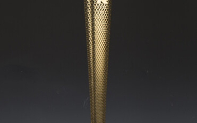A London 2012 Olympic relay torch, designed by Edward Barber and Jay Osgerby, length 80cm, mounted w
