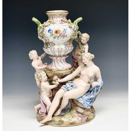 A Meissen figural vase, 19th century, the twin-handled urn w...