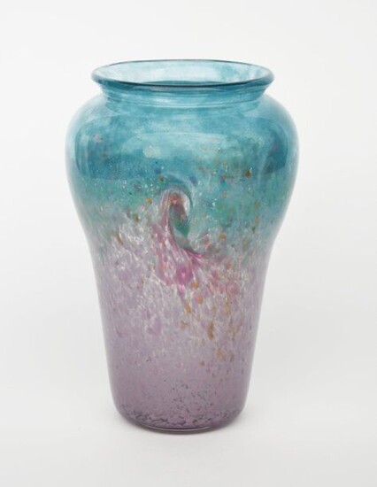 A Moncrieff's Monart Ware glass vase, tall, swollen, shouldered form, pale blue glass graduating to pink with green and purple whorls and aventurine inclusions, unsigned, 27.5cm. high