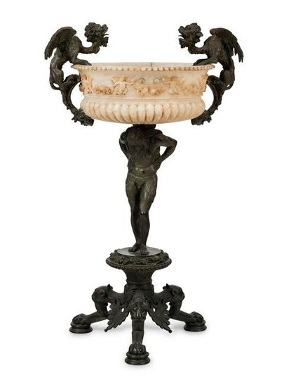 A Neoclassical Bronze and Carved Alabaster Jardiniere