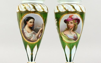 A PAIR OF 19TH CENTURY BOHEMIAN GREEN GLASS VASES, each