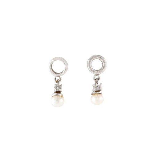 A PAIR OF DIAMOND AND PEARL SET EARRINGS, mounted in 18ct wh...