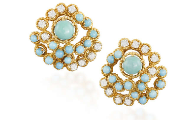 A PAIR OF DIAMOND AND TURQUOISE EARCLIPS, BY...