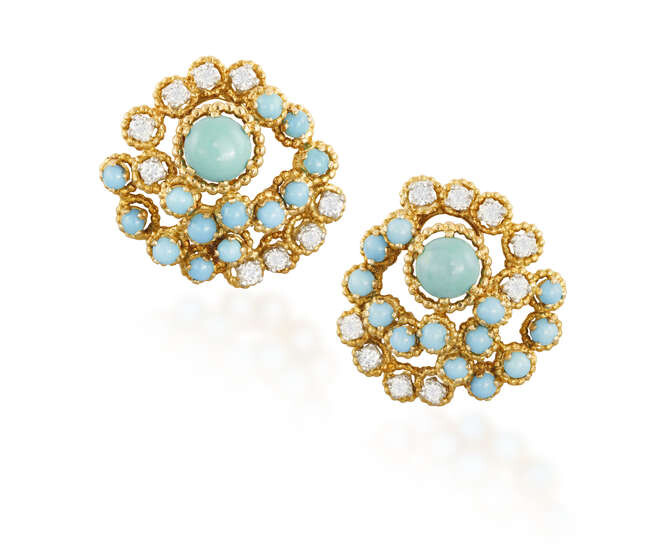 A PAIR OF DIAMOND AND TURQUOISE EARCLIPS, BY...