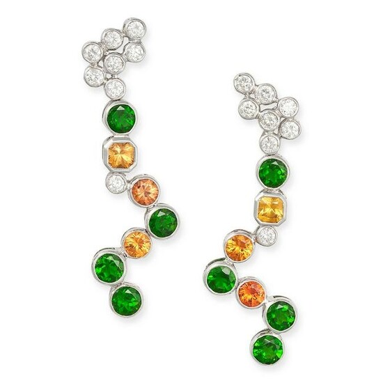 A PAIR OF DIAMOND, GREEN AND ORANGE SAPPHIRE DROP EARRINGS in 18ct white gold, each set with a