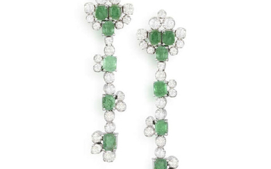 A PAIR OF EMERALD AND DIAMOND PENDENT EARRINGS...