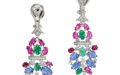 A PAIR OF EMERALD, RUBY, SAPPHIRE AND DIAMOND TUTT ...