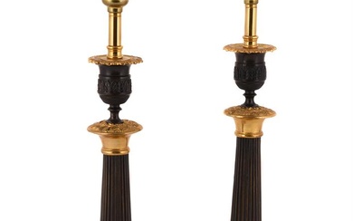 A PAIR OF GILT AND PATINATED BRONZE CANDLESTICKS