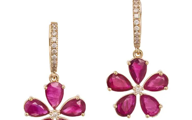 A PAIR OF RUBY AND DIAMOND FLOWER EARRINGS each co ...