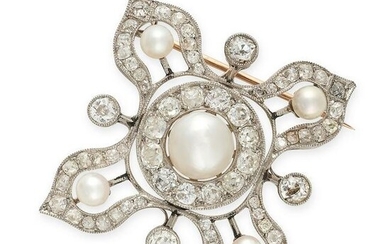 A PEARL AND DIAMOND BROOCH set with a central pearl of