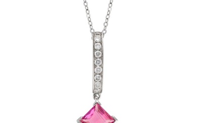 A PINK TOURMALINE AND DIAMOND PENDANT NECKLACE in 18ct white gold, the pendant set with a row of