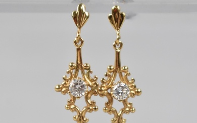 A Pair of Diamond Mounted 9ct Gold Drop Earrings, Central Ro...