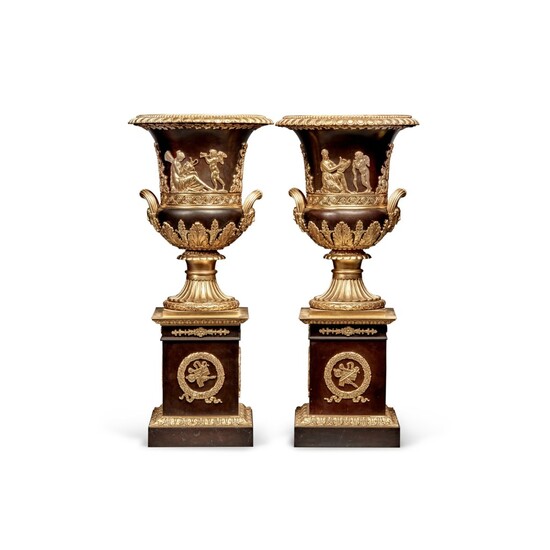 A Pair of Empire Style Gilt and Patinated Bronze Campana Vases, Late 19th/Early 20th Century