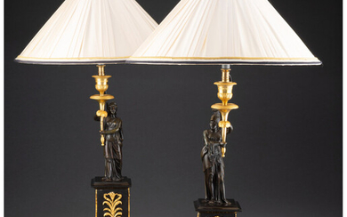 A Pair of French Empire Patinated and Gilt Bronze and Marble Torchière Mounted as Lamps (19th century)