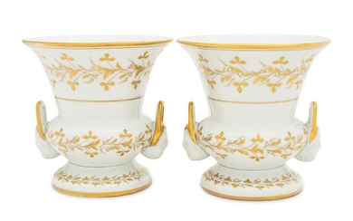 A Pair of French Parcel Gilt Porcelain Campagna Urns