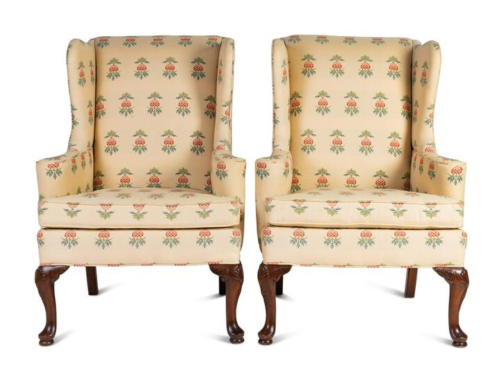 A Pair of George II Style Mahogany Wingback Chairs