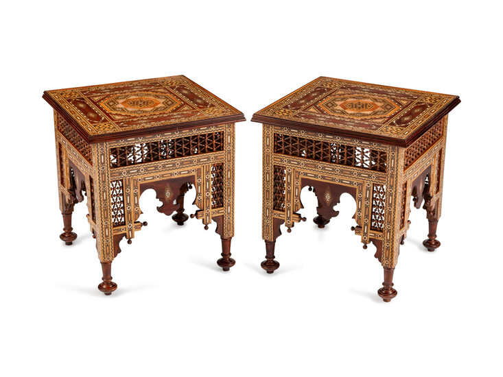 A Pair of Moorish Style Inlaid Mixed Wood Side Tables