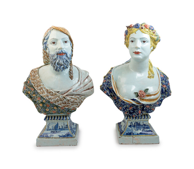 A Pair of Rouen Style Polychrome Glazed Terra Cotta Busts