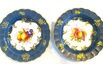 A Pair of Royal Worcester Porcelain Cabinet Plates, Hand Painted in Fruits and Flowers by Edward Phillips (Signed), Blue Border with Gilt Highlights, Each with Puce Mark to Base, Circa 1925