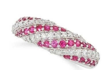 A RUBY AND DIAMOND BOMBE RING set with alternating rows