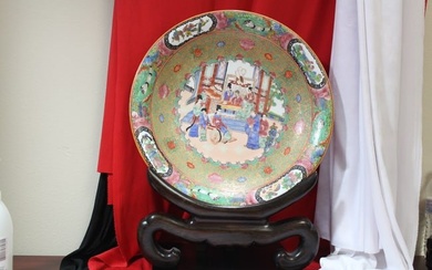 A Rose Medallion Platter and Wood Stand