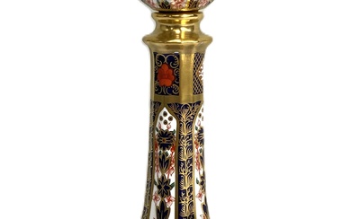 A Royal Crown Derby Imari patterned bone china candlestick, modern, pattern 1128, XLVIII