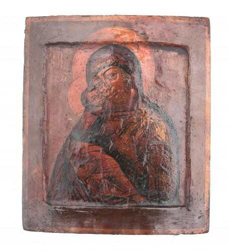 A Russian Icon of the Mother of God on an oak panel, 19th century.