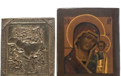 A Russian icon of Prophet Elijah with oklad and an icon of the Kazanskaya Mother of God, 19th