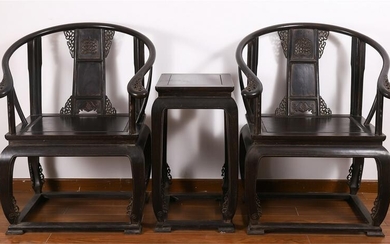 A SET OF CHINESE ROSEWOOD CARVED ARMCHAIRS WITH STAND