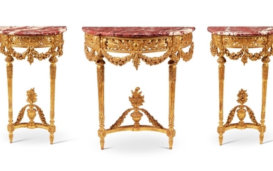 A SUITE OF THREE FRENCH GILTWOOD CONSOLE TABLES