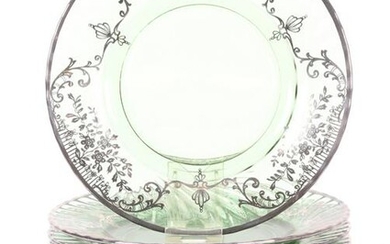 A Set of Silver Overlay Green Glass Plates