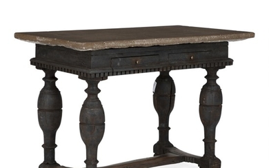 A Swedish Öland stone top table above black painted lower part. Baroque style, 19th century. H. 81 cm. W. 120 cm. D. 65 cm.