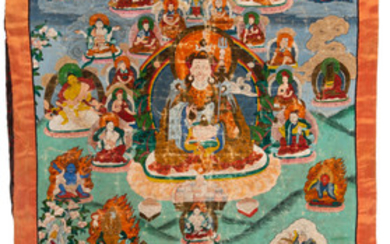 A Tibetan Painted Silk Thangka Depicting Seated Shakyamuni