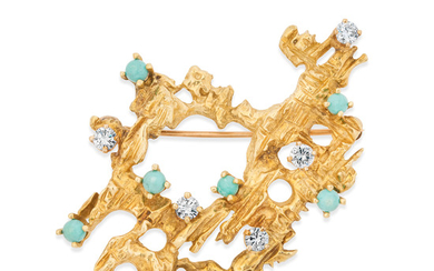 A Turquoise, Diamond and Gold Brooch, circa 1960