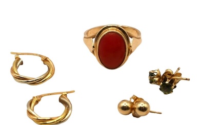 A VINTAGE POLISH 14CT GOLD AND RED CORAL RING,...