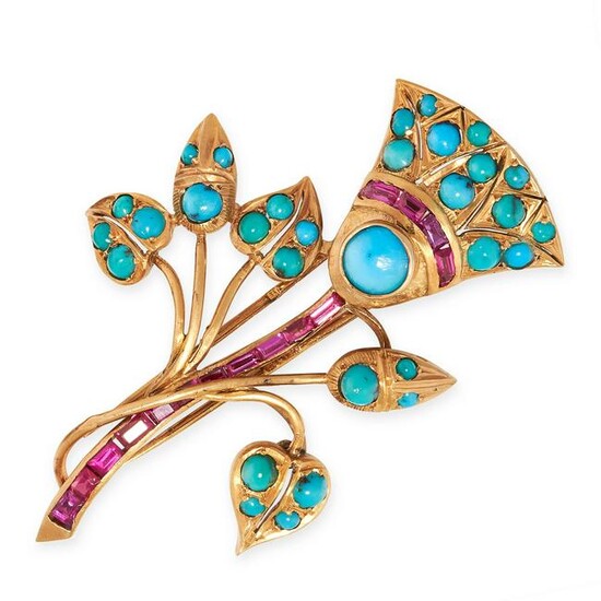 A VINTAGE TURQUOISE AND SYNTHETIC RUBY BROOCH in 14ct