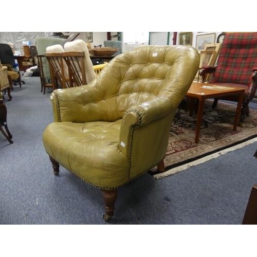 A Victorian leather 'tub' Armchair, with button back pale gr...