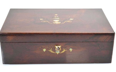 A Victorian rosewood writing slope inlaid with brass and mother-of-pearl,...