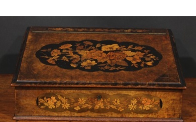 A Victorian walnut and marquetry desk box, hinged sloping co...