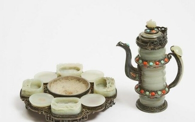 A White Jade Silver-Mounted Teapot, Together With an
