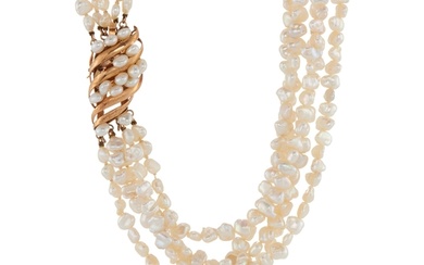 A baroque pearl five-strand necklace, with 14ct gold baroque...