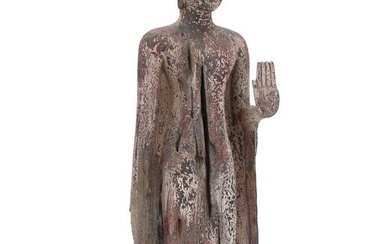 A carved and painted wood figure of Buddha