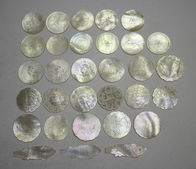 A collection of Chinese Canton export mother-of-pearl gaming counters, mid to late 19th century, wit