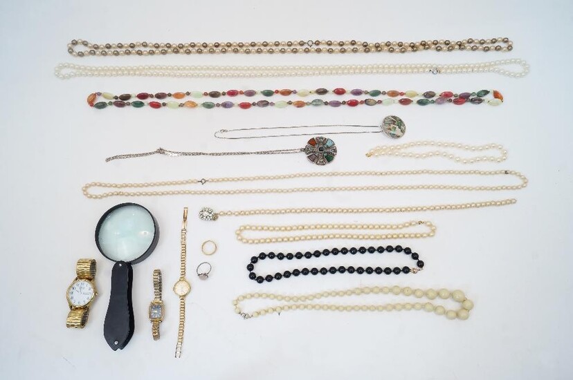 A collection of costume jewellery, to include: faux pearl necklaces; other assorted necklaces and pendants; a ladies Rotary wristwatch; a Citizen Eco-Drive wristwatch; a ladies Accurist wristwatch; a ring stamped Sterling; an empty box; and a...
