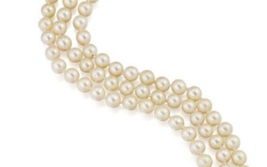 A cultured pearl necklace with sapphire and diamond clasp, composed of three rows of uniform cultured pearls to a 9ct gold, circular-cut sapphire and single-cut diamond clasp, length 31cm
